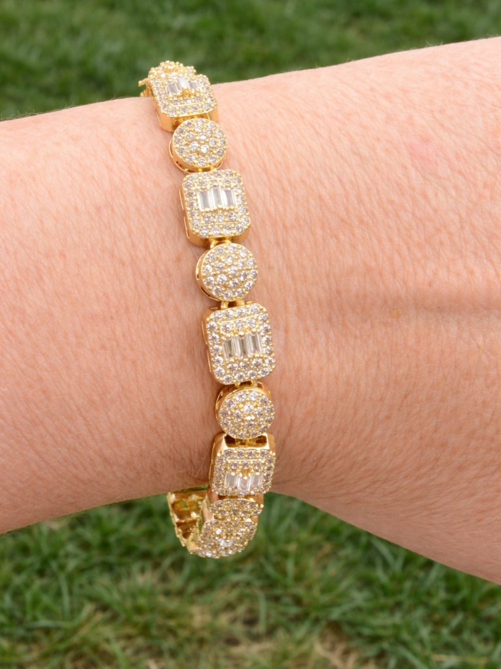 14k gold filled bracelet with emerald cut and circle cut stones